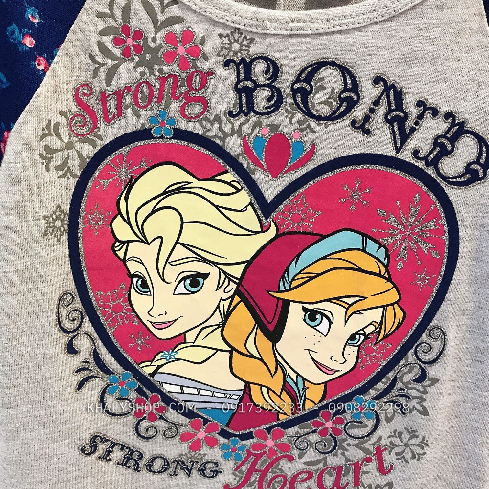 Áo thun tay ngắn trẻ em hình công chúa Elsa và Anna (Frozen) viền kim tuyến màu xám hồng xanh size XS cho bé gái 4,5 tuổ