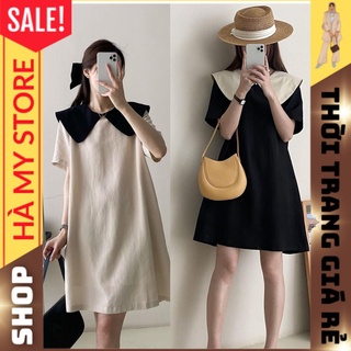 Váy xuông cổ sen - Đầm xuông cổ sen buộc nơ, chất đũi mát mẻ, nhẹ nhàng tiểu thư.