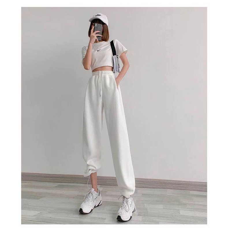 White Track Pants Women's Ankle-Tied Loose All-Match Fashion Straight Casual Sweatpants High Waist Drooping Wide Leg Pants Summer