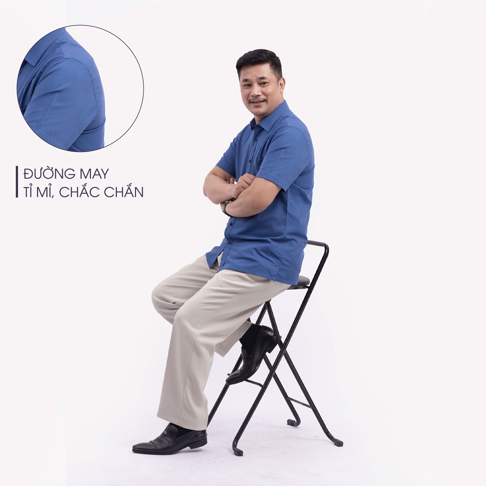 Áo Sơ Mi Nam Ngắn Tay Trung Niên ANCHI Classic Cotton Trơn Màu Xanh Than Cao Cấp