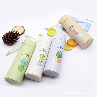 Bình đựng nước lõi thuỷ tinh hoạ tiết xương rồng 400ml, bình giữ nhiệt lõi thuỷ tinh và nhựa lúa mạch