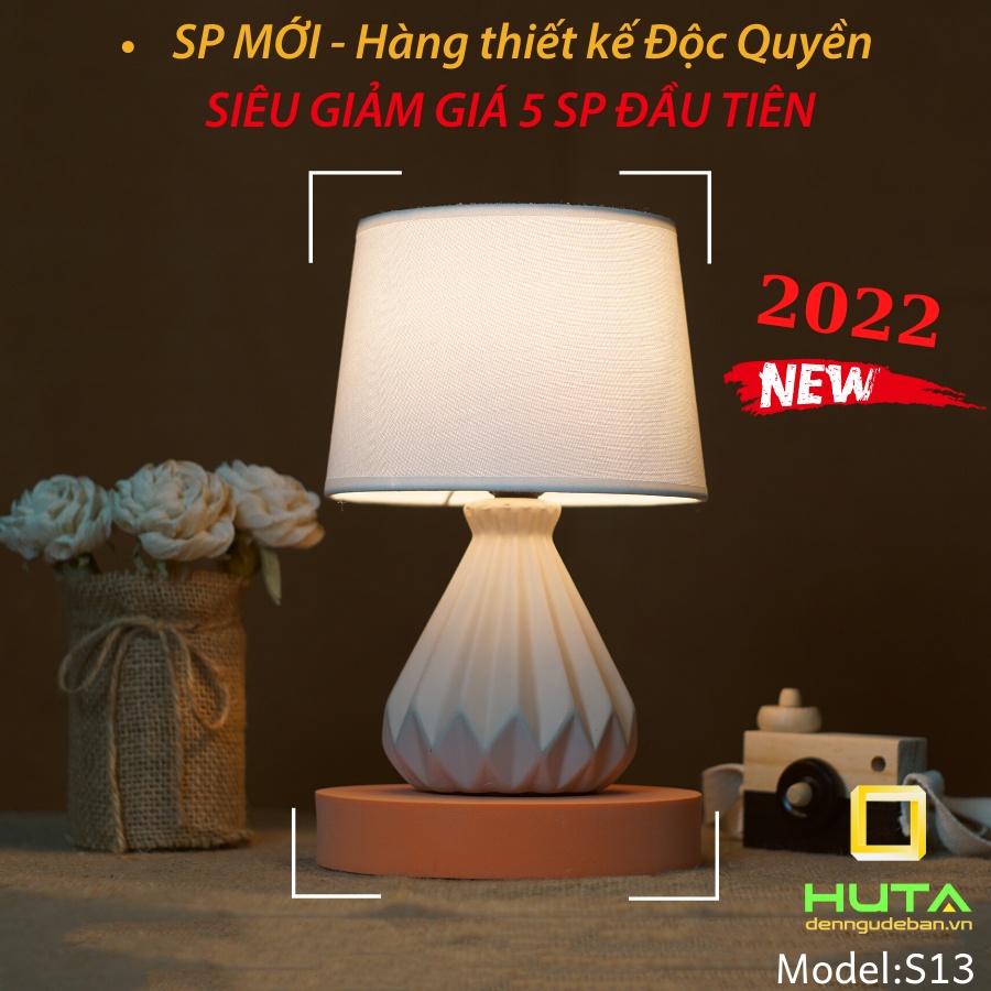 Đèn Ngủ Để Bàn Gốm Sứ Tăng Giảm Điều Chỉnh Độ Sáng, Vân Màu Gỗ, Led Ánh Sáng Vàng, Decor Phòng Ngủ, Khách Sạn - HUTA S13