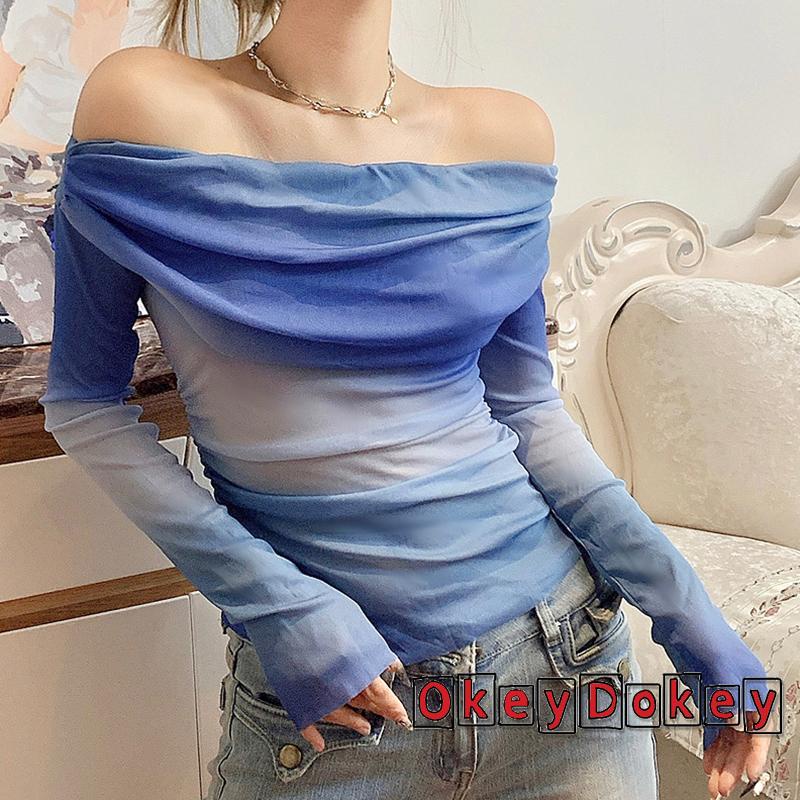 Áo Thun Tay Dài Trễ Vai Phối Lưới Nhuộm Màu Thời Trang Đường Phố Cho Nữ ODokey