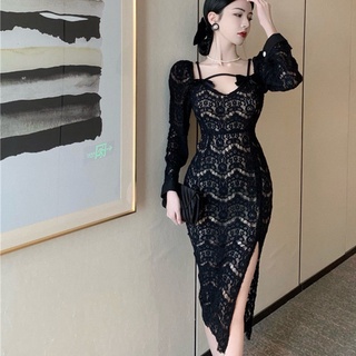 Đầm midi tay dài phối ren thời trang mới