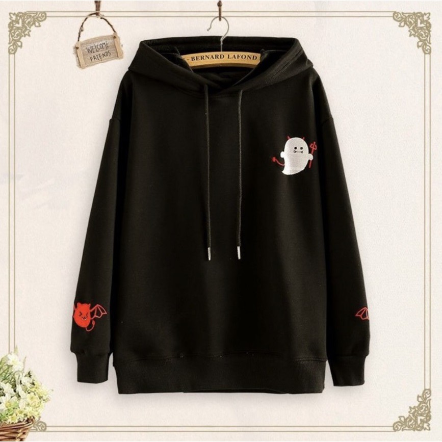 ÁO KHOÁC HOODIE NAM NỮ MÀU ĐEN MŨ CÓ TAI CUTE HOODIES QUỶ CUTE