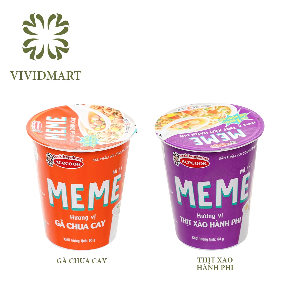 [Toàn quốc] [Ly lẻ] MÌ LY MEME 2 VỊ: GÀ CHUA CAY, THỊT XÀO HÀNH PHI – LY 65g - ACECOOK