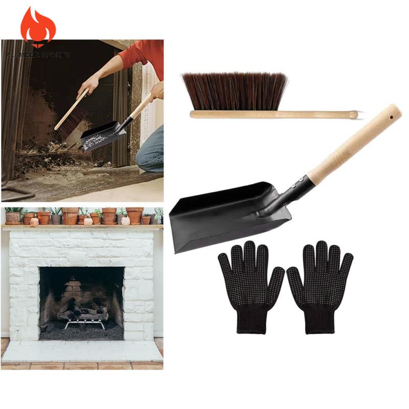 Set xẻng xúc than lò sưởi + bàn chải + găng tay dùng chữa cháy hốt bụi