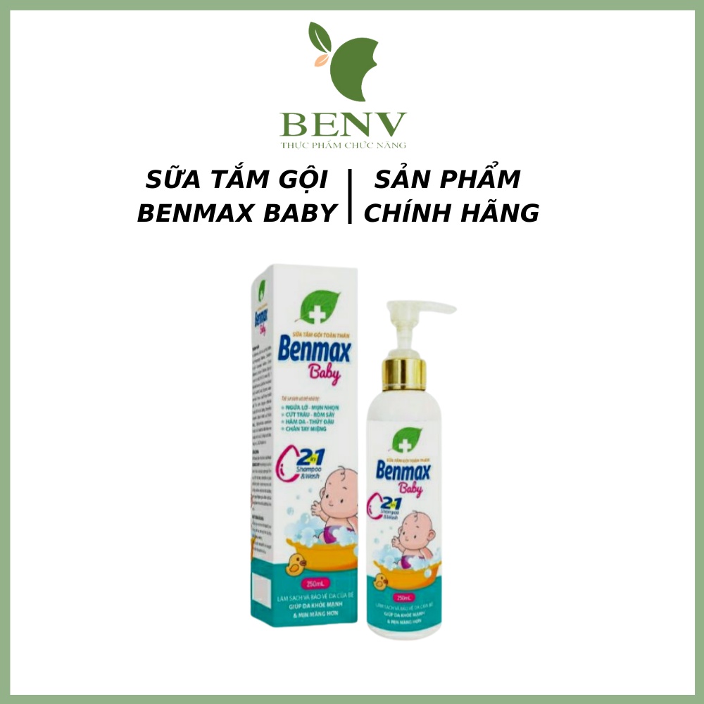 Sữa tắm gội cho bé Benmax Baby chai 250ml chiết xuất thảo mộc trà xanh giúp dưỡng ẩm trắng da giảm mụn nhọt, rôm, hăm da