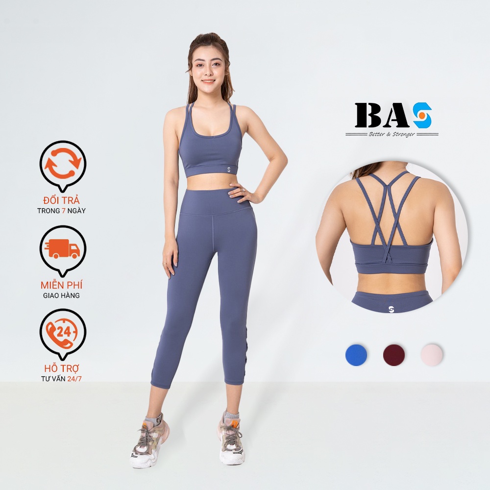 Set lửng thể thao tập yoga gym aerobic BAS bra 4 dây cách điệu phối legging 9 tấc cạp cao - SL210405