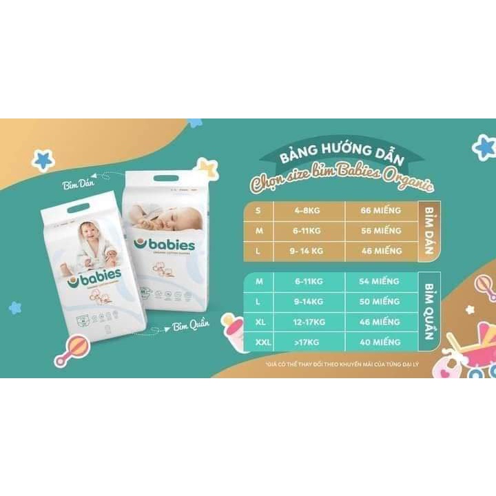 [MUA 4 BỊCH TẶNG 1 QUÀ] combo 4 bịch Bỉm tã BABIES ORGANIC an toàn cho bé [Dán S66/M56/L46] [Quần M54/L50/XL46/XXL40]