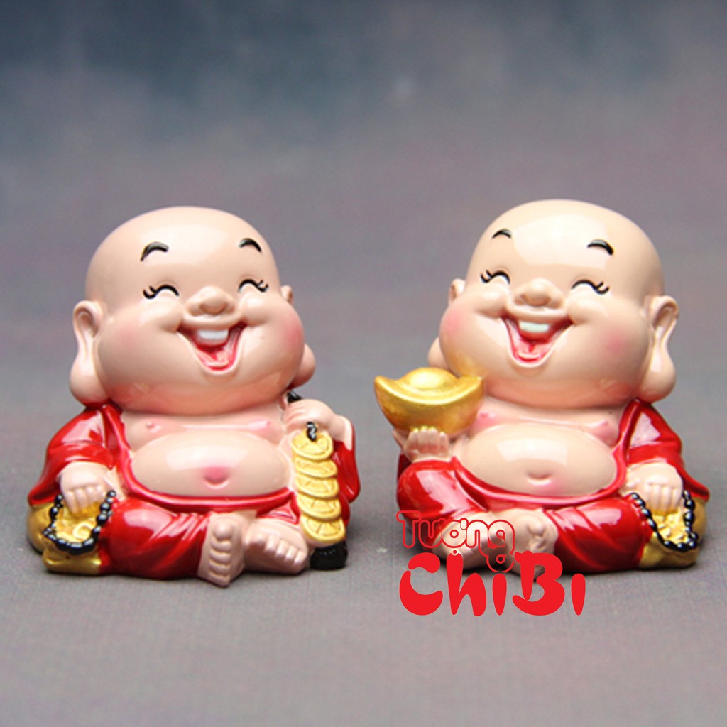 Bộ 02 tượng chibi Di Lặc 6cm kèm xâu chuỗi gỗ đỏ 6mm