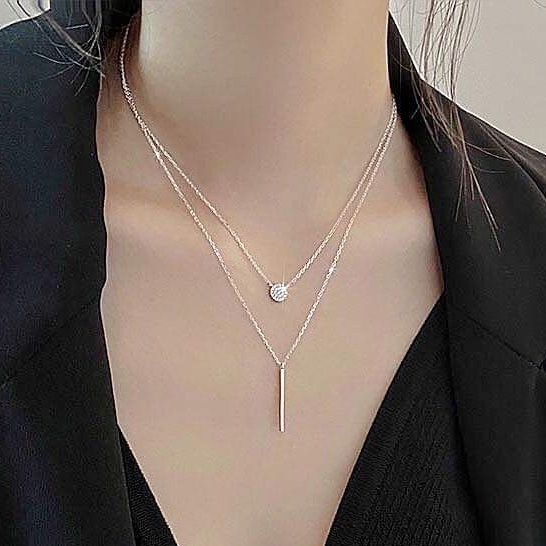 Dây chuyền bạc Dây kép 2 sợi mix mặt tròn đính đá và thanh line bạc ta