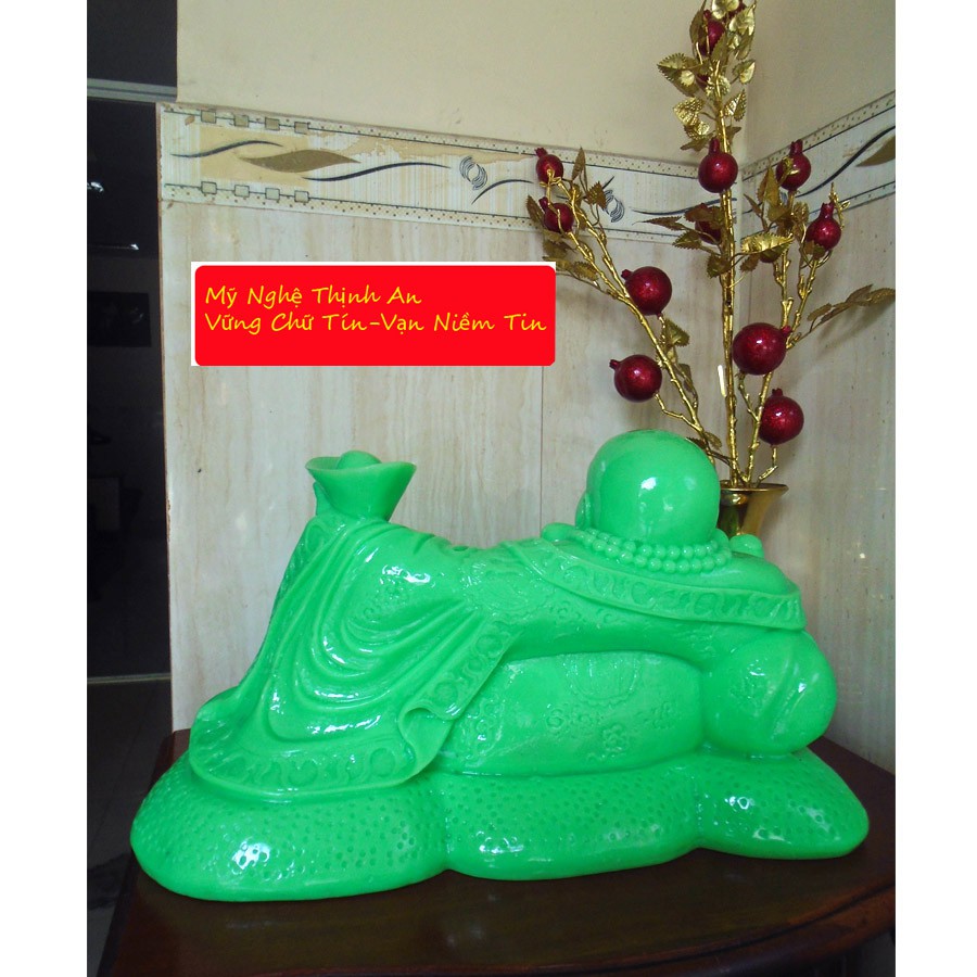 Tượng phật di lặc ngồi cầm vàng như ý đá poly xanh ngọc DLX42