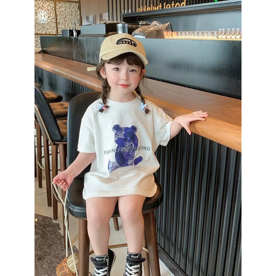 Váy thun bé gái, Áo váy gấu hồng xanh chất cotton tàu cho bé