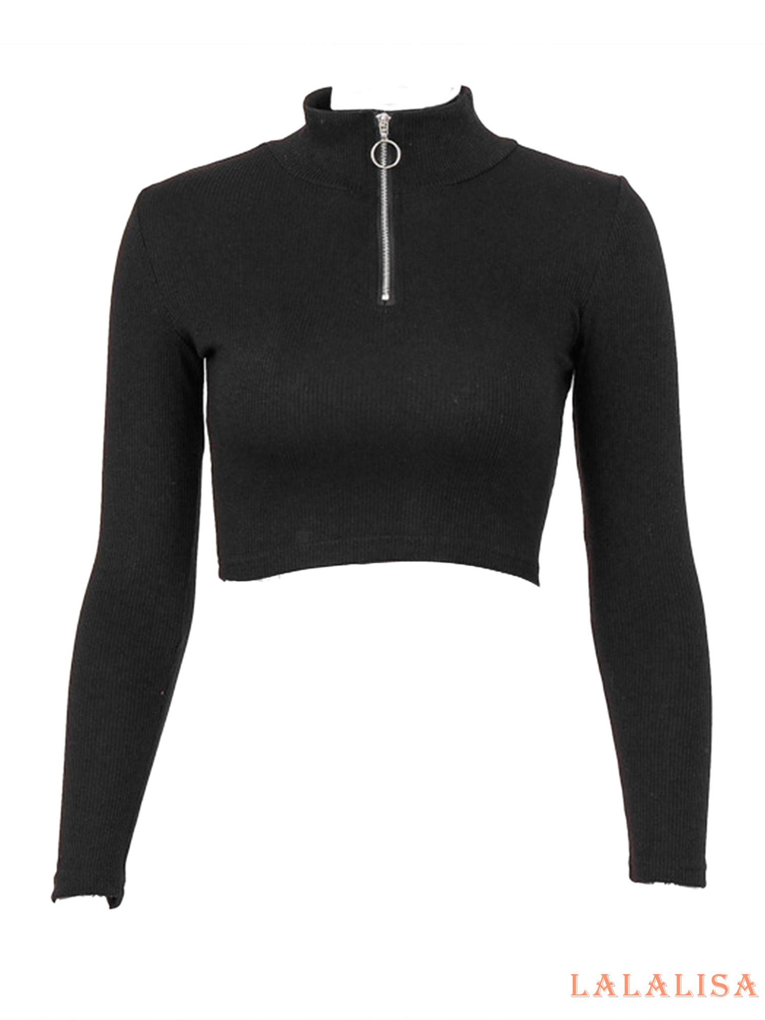 ✿-LZZ-✿-Women´s Rib Knit Crop Top Long Sleeve Stand Collar Zipper Front Slim Fit Solid Color Basic Tee Shirt