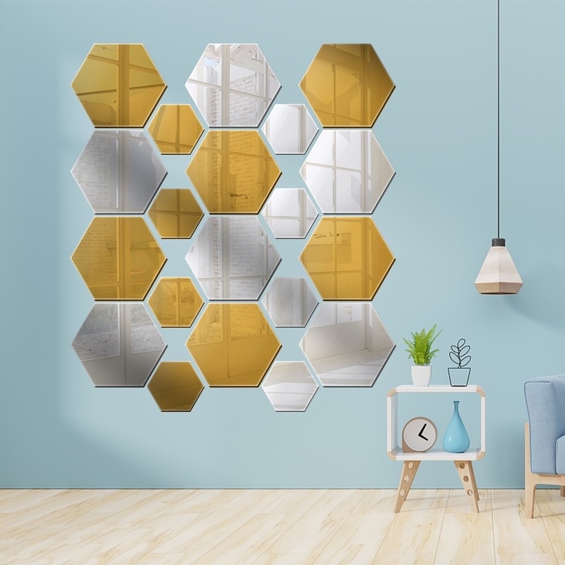 Miếng Dán Tường Trang Trí Nội Thất Phòng Khách Hình Lục Giác Bằng Acrylic Tráng Gương Màu Vàng/Bạc Có 2 Kích Cỡ