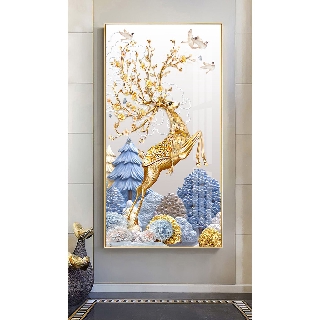 Tranh treo tường hiện đại nghệ thuật sừng nai nở hoa may mắn chất liệu bóng kính hoặc vải canvas ZTU_57105