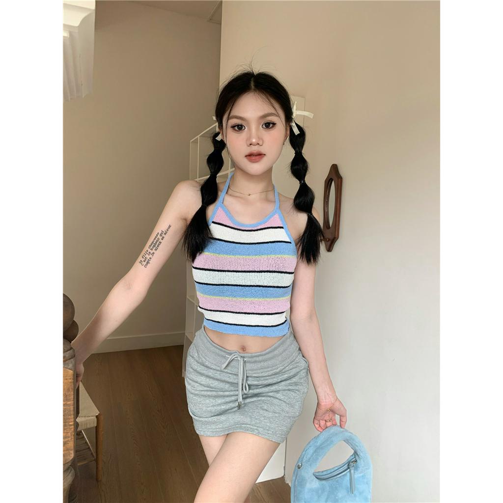 Lalisas Áo Dệt Kim Hai Dây Ngắn Mỏng Kẻ Sọc Cổ Yếm Gia Vị Gợi Cảm Cho Nữ