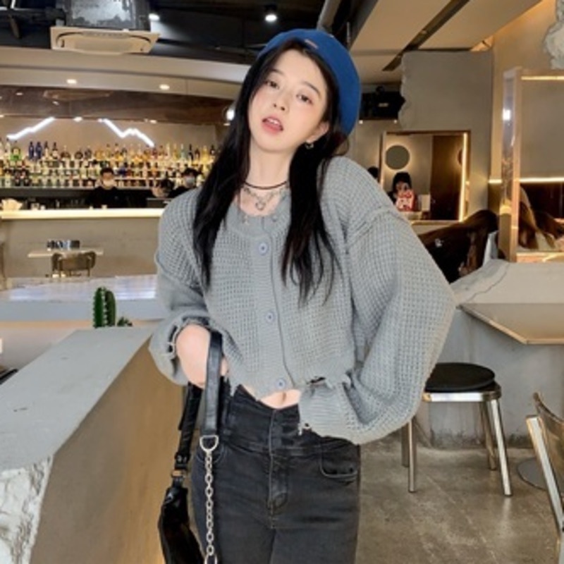 Áo Sweater Tay Dài Viền Tua Rua Phong Cách Retro 206824 Áo Khoác Dệt Kim Dáng Ngắn Màu Trơn Phong Cách Hàn Quốc