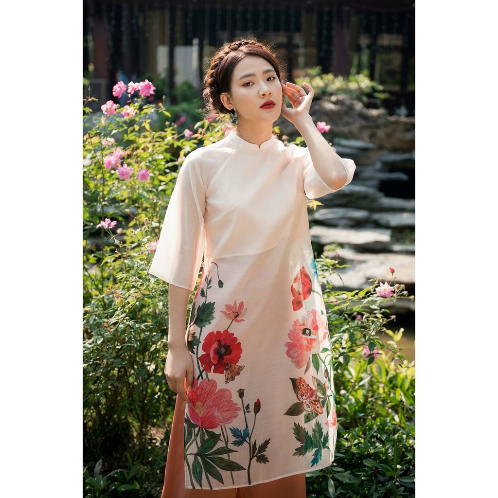 Áo dài cách tân hoa🎀FREESHIP🎀 Áo dài hồng phối họa tiết hoa xinh xắn [ao dai nu]