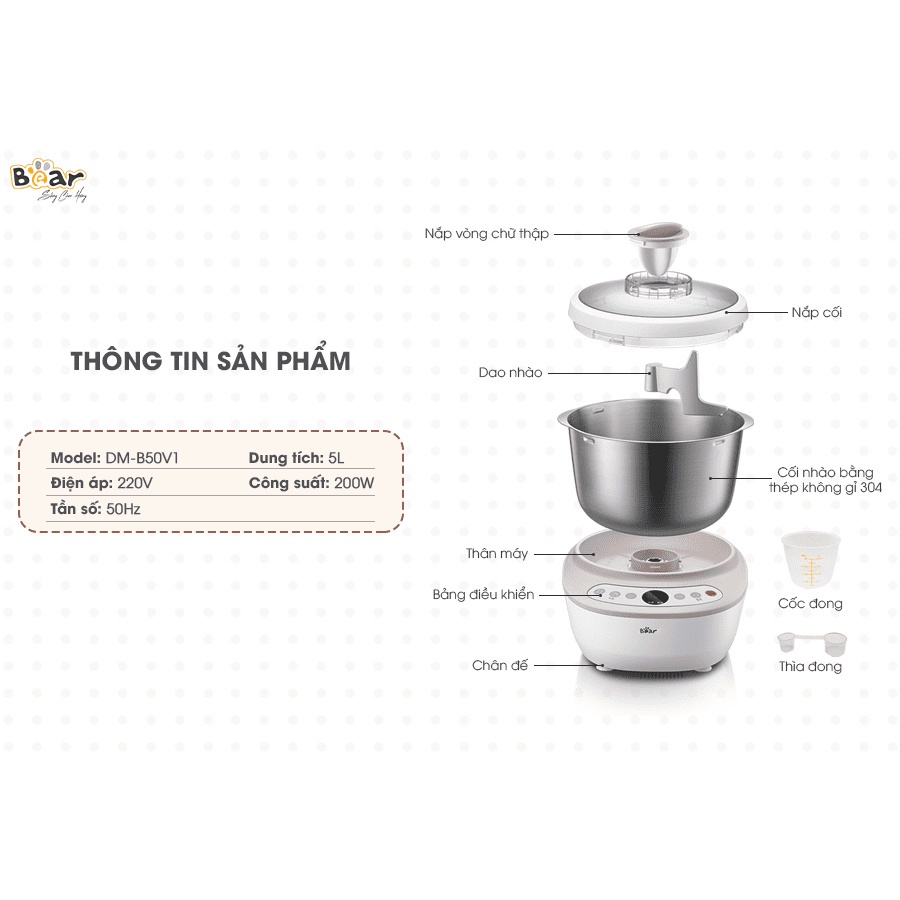 Máy nhồi bột 5L Bear 2 chế độ trộn và ủ trộn đều đa góc hẹn giờ tự động Gia dụng Bear Tuli Mart