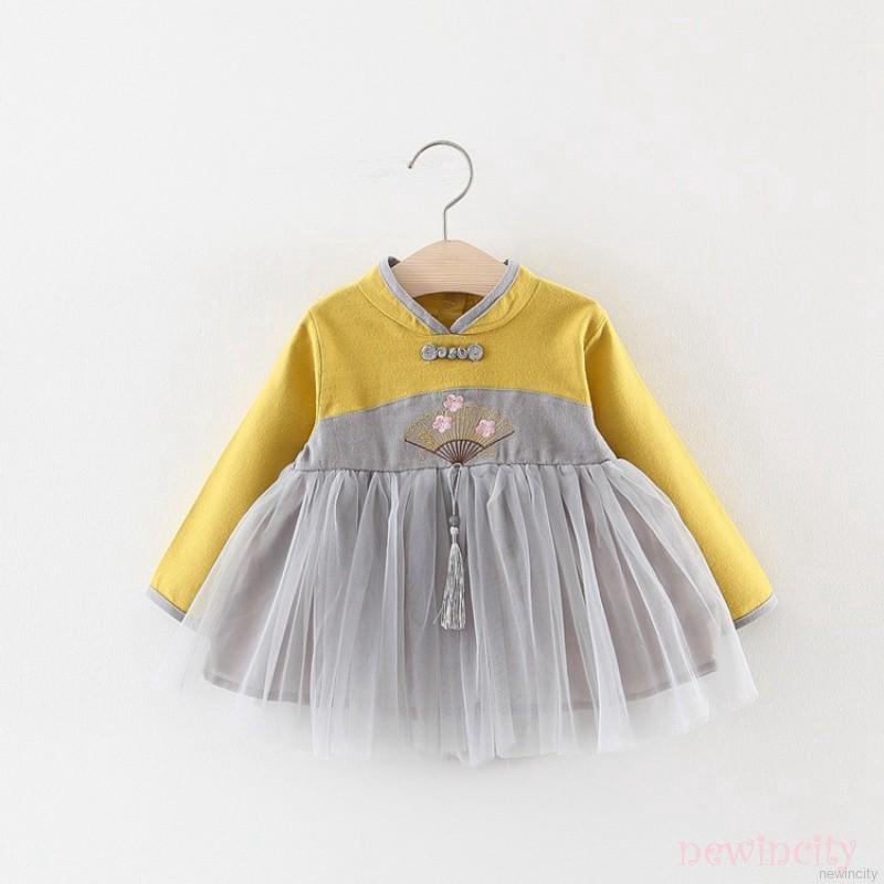 Đầm tay dài phong cách Trung Hoa xinh xắn cho bé gái