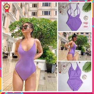 Bikini một mảnh cổ V màu tím