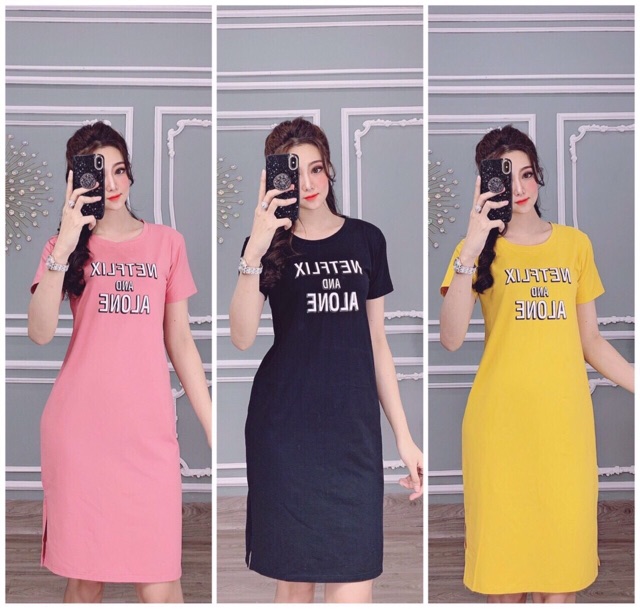 Đầm suông THUN THÁI in chữ-xẻ tà (bao chất đẹp) | BigBuy360 - bigbuy360.vn