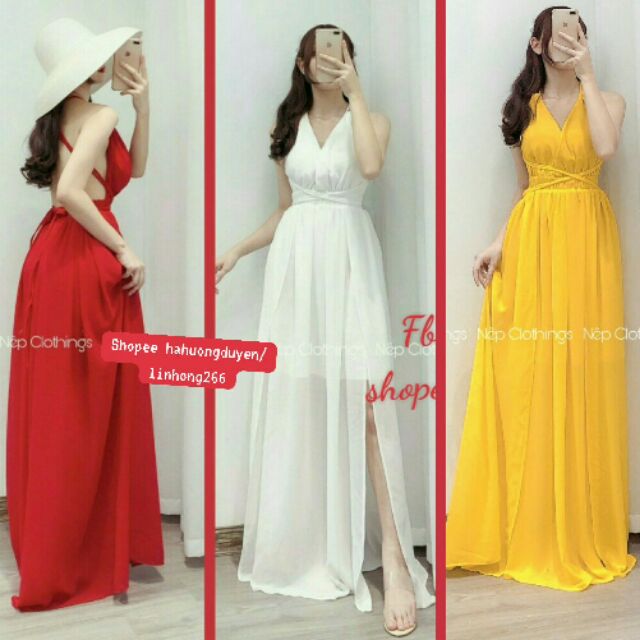 Sẵn 3 màu váy maxi hai dây hở lưng cổ yếm xẻ tà đi biển