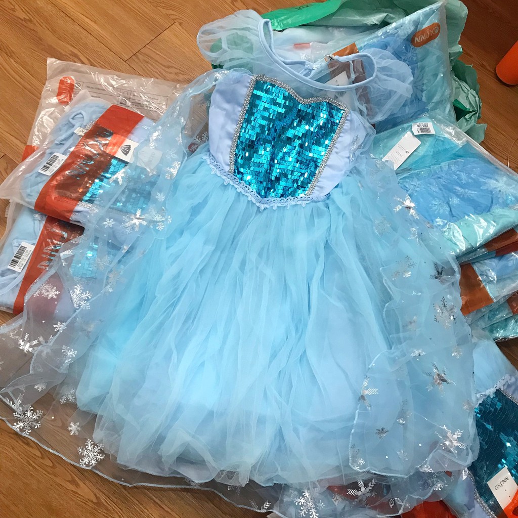 Váy đầm công chúa Elsa bé gái + vương miện + đũa thần