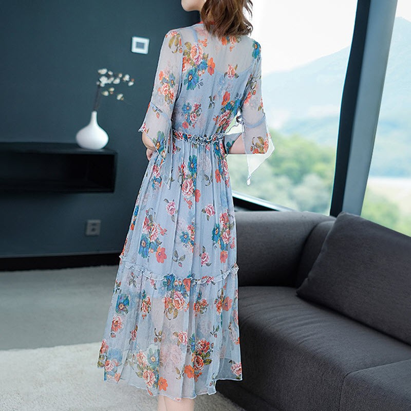 D73060 Đầm xòe nữ hè chiffon họa tiết kèm áo 2 dây mặc trong hàng nhập