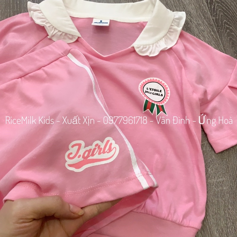 Bộ hè cotton cho bé gái màu hồng viền trắng xuất Hàn