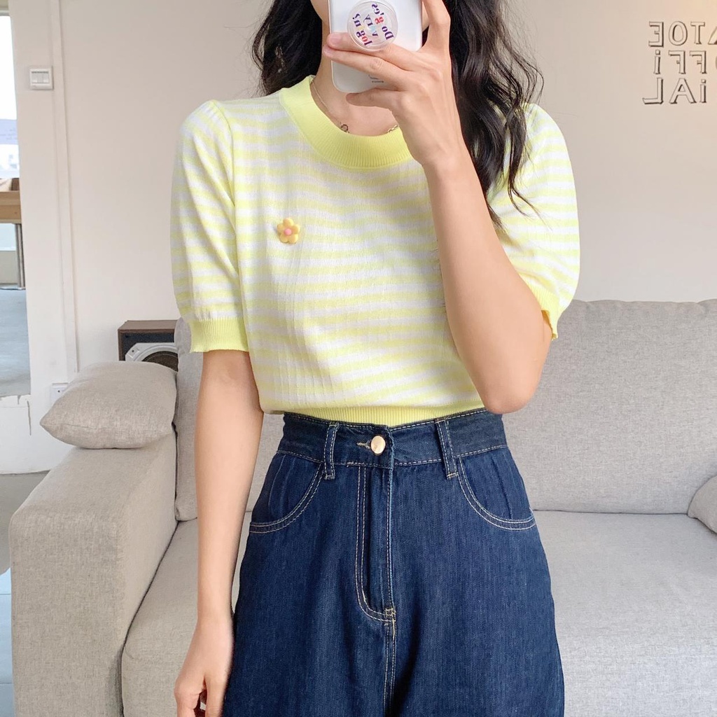 Áo Thun Dệt Kim Tay Ngắn Dáng Ôm Họa Tiết Kẻ Sọc Thời Trang Mùa Hè Xinh Xắn Cho Nữ