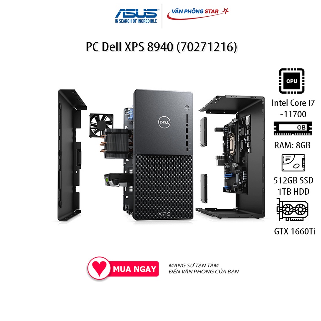 PC Dell XPS 8940 70271216 (i7 11700, 8GB RAM, 512GB SSD + 1TB HDD, GTX 1660 Ti 6GB, DVDRW, WL+BT, K+M, Office, Win11)