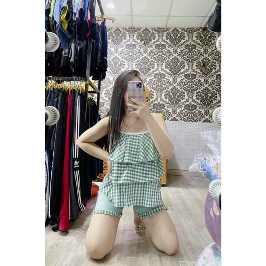 Đồ Bộ Nữ 2 dây , Đồ Lụa Mặc Nhà 3 Tầng , Set Bộ Sọc Chất Cao Cấp Họa Tiết caro Mềm Mịn, Xinh Xắn. | BigBuy360 - bigbuy360.vn