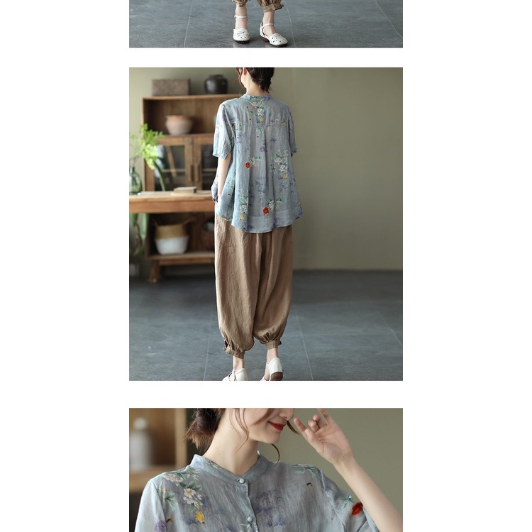 Áo Sơ Mi Cotton Lanh Tay Ngắn Dáng Rộng In Họa Tiết Kỹ Thuật Số Thời Trang Mùa Hè Mới 2022