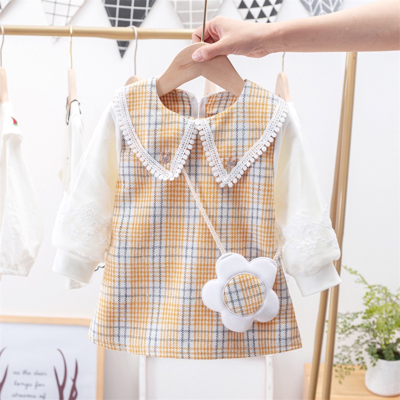 Đầm IELGY bằng cotton tay dài cổ chữ V họa tiết kẻ caro phong cách Hàn Quốc dễ thương cho bé gái