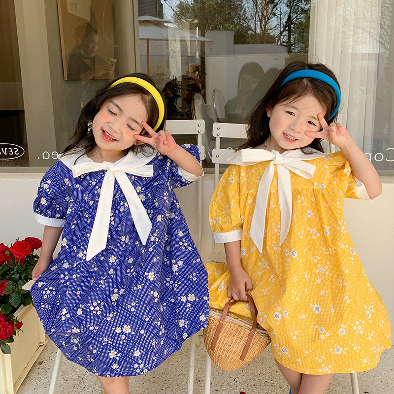 Đầm Công Chúa Cổ Búp Bê Tay Phồng Đính Nơ In Hoa Kiểu Hàn Quốc Thời Trang Mùa Hè Cho Bé Gái
