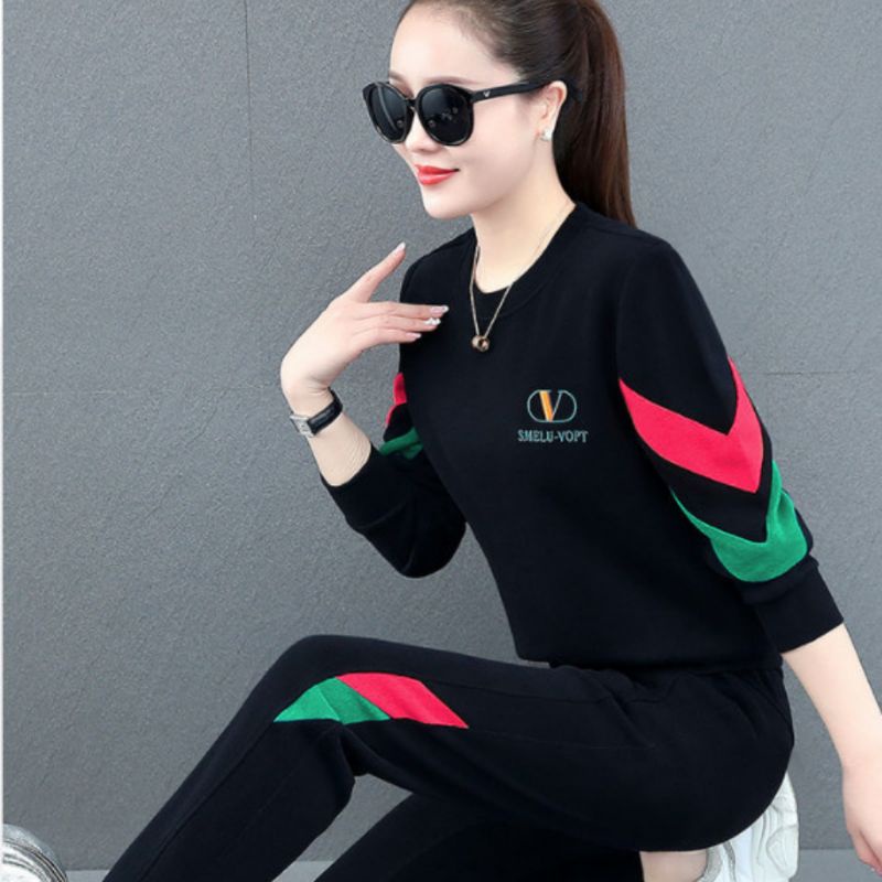 Đồ Bộ thể thao nữ thu đông cổ tròn có túi sâu - Đồ bộ thu đông dài tay chất umi hàn phun logo nổi trước ngực