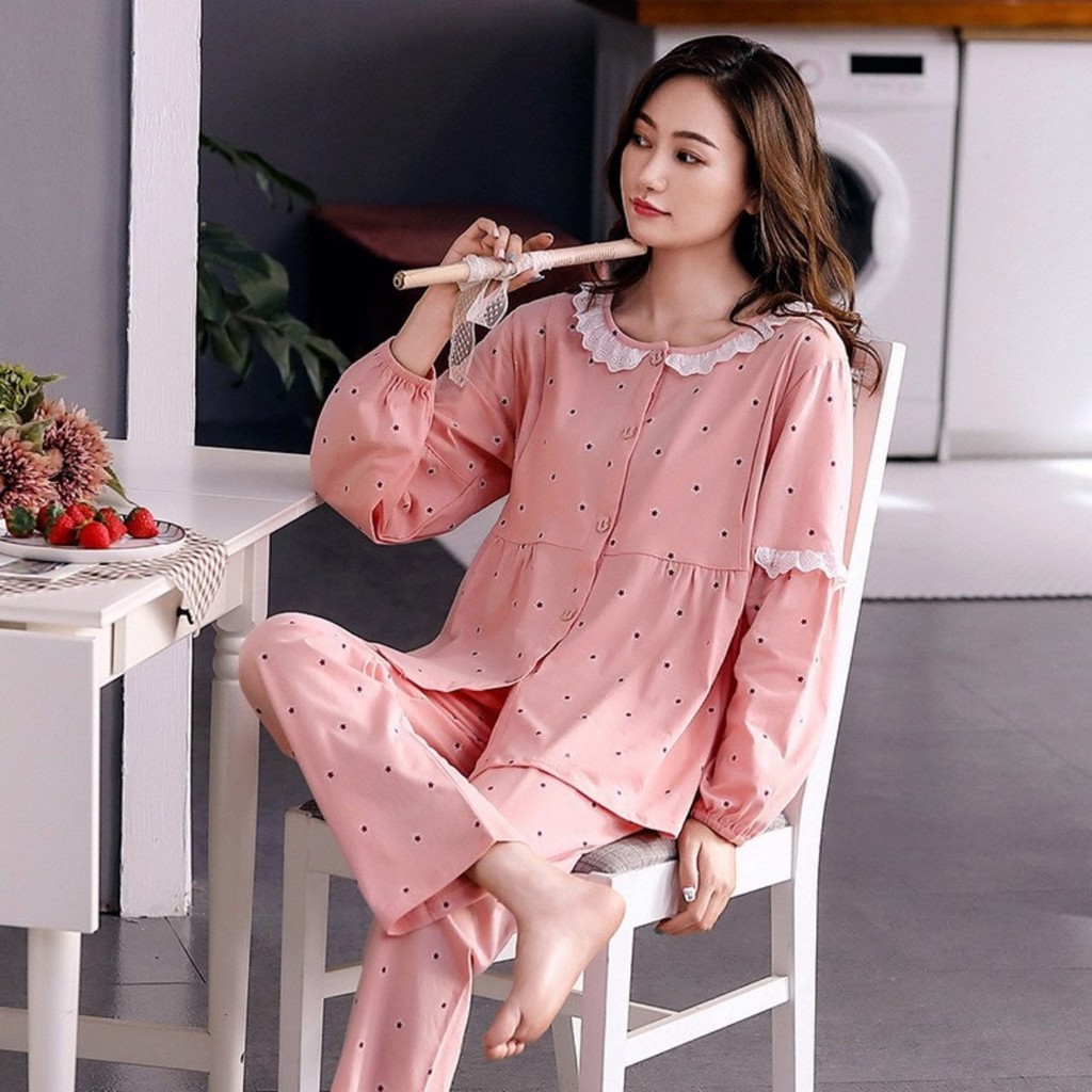 Bộ đồ bầu dài tay 2 trong 1 mặc bầu và sau sinh thiết kế cổ pha ren tay bồng bo chun siêu sinh BD912