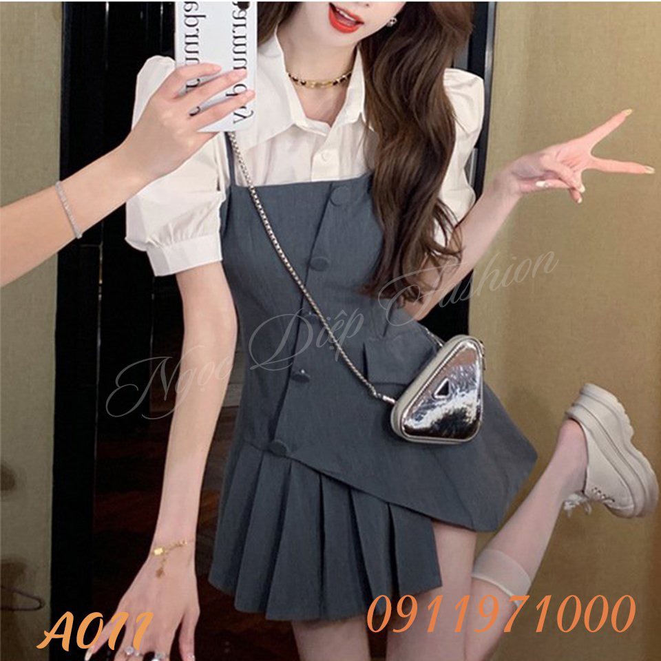 Set áo sơ mi kèm váy 2 dây xám, set thời trang công sở -Ngọc Diệp Fashion Shop
