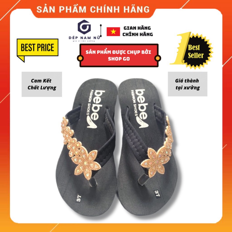 Dép kẹp nữ đế cao gót 5cm-7cm đính cườm bông mai hàng cao cấp Bebe