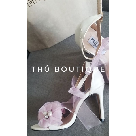 Giày sandal cao gót Jim.my Ch.oo limited edition xuất Âu xịn trắng da mềm quai ngang đính hoa tím 9cm size 37 38 39