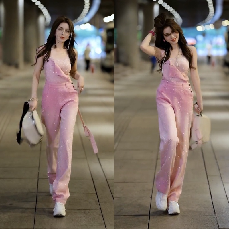 Set áo 2 dây croptop hở vai lưng ôm body sexy hồng bling yếm quần jeans dây dài ống rộng big size Hàn Quốc kim tuyến