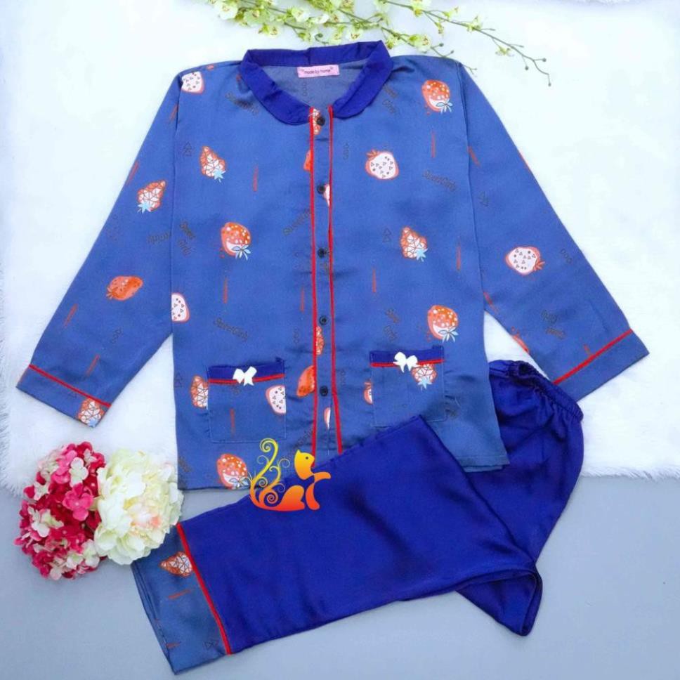 Đồ Mặc Nhà Pijama Satin Lụa Tay Dài Cao Cấp - "Cổ trụ nằm Trái Dâu" Siêu Mát - Dưới 60kg ❕