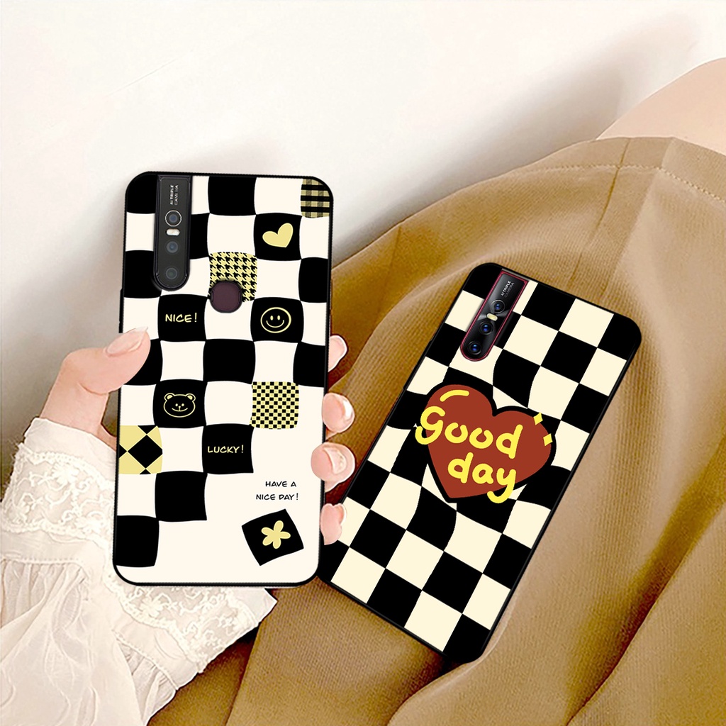 Ốp lưng Vivo V15 / V15 Pro in hoạ tiết caro trái tim đen trắng, gấu bear cute đáng yêu