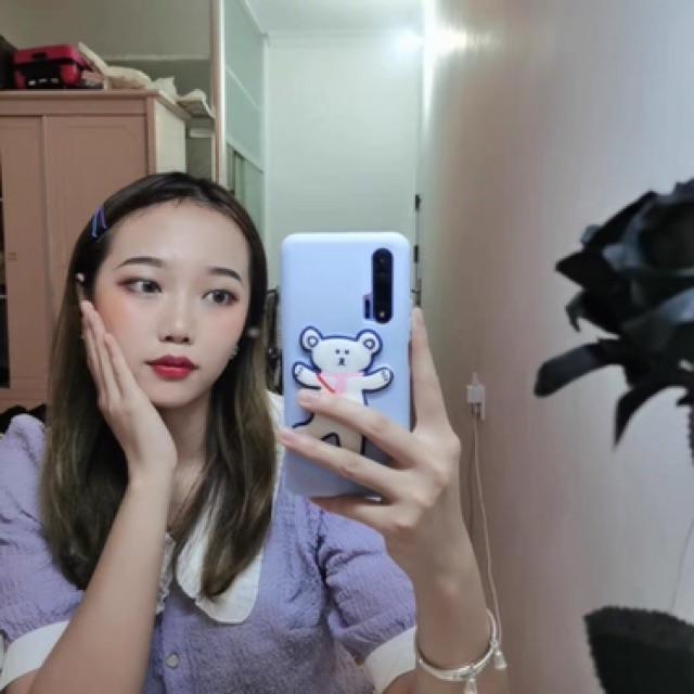 Áo sơ mi cổ sen tay ngắn phồng dáng ngắn croptop màu tím, kem diện hè đi học đi làm