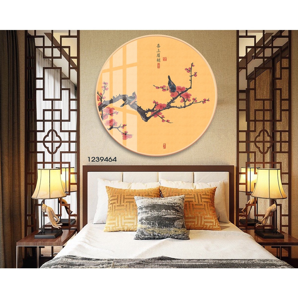 Tranh treo tường hình tròn VTC chim đậu trên nhành hoa đào bóng kính hoặc vải canvas 1239464