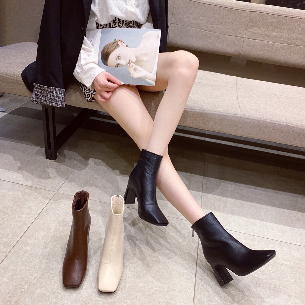 Giày bốt thời trang nữ QC ❤️FREESHIP❤️ Boots cổ lửng siêu hot kéo khoá sau da mềm mũi vuông gót vuông 7cm BLE121-1