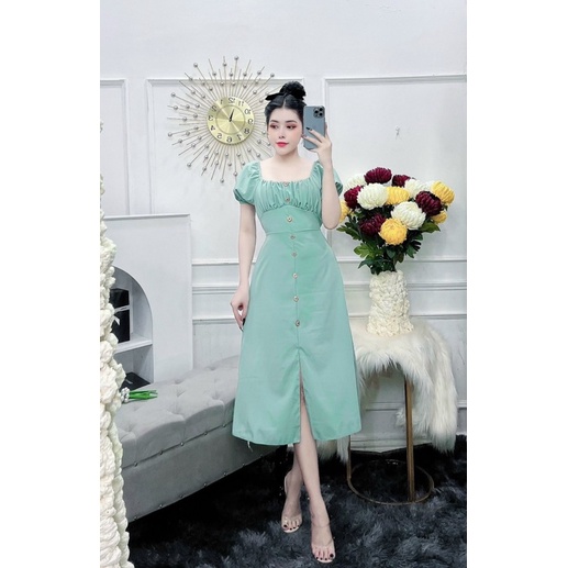 Đầm trơn cổ vuông phối cúc kèm dây cột eo siêu xinh Linh Htt